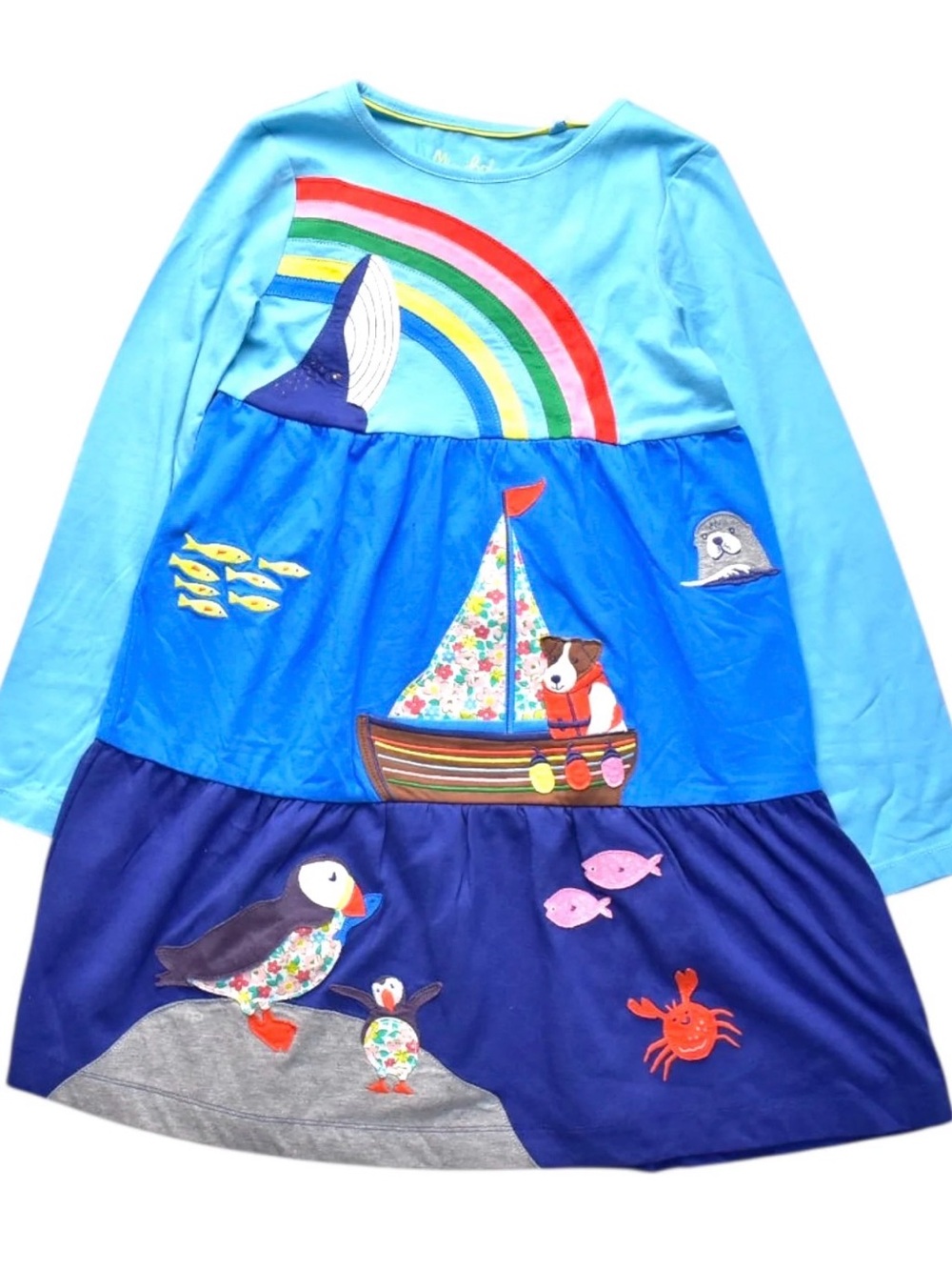 Mini Boden Ocean Sailboat Rainbow Appliqué Dress Sz 6-7